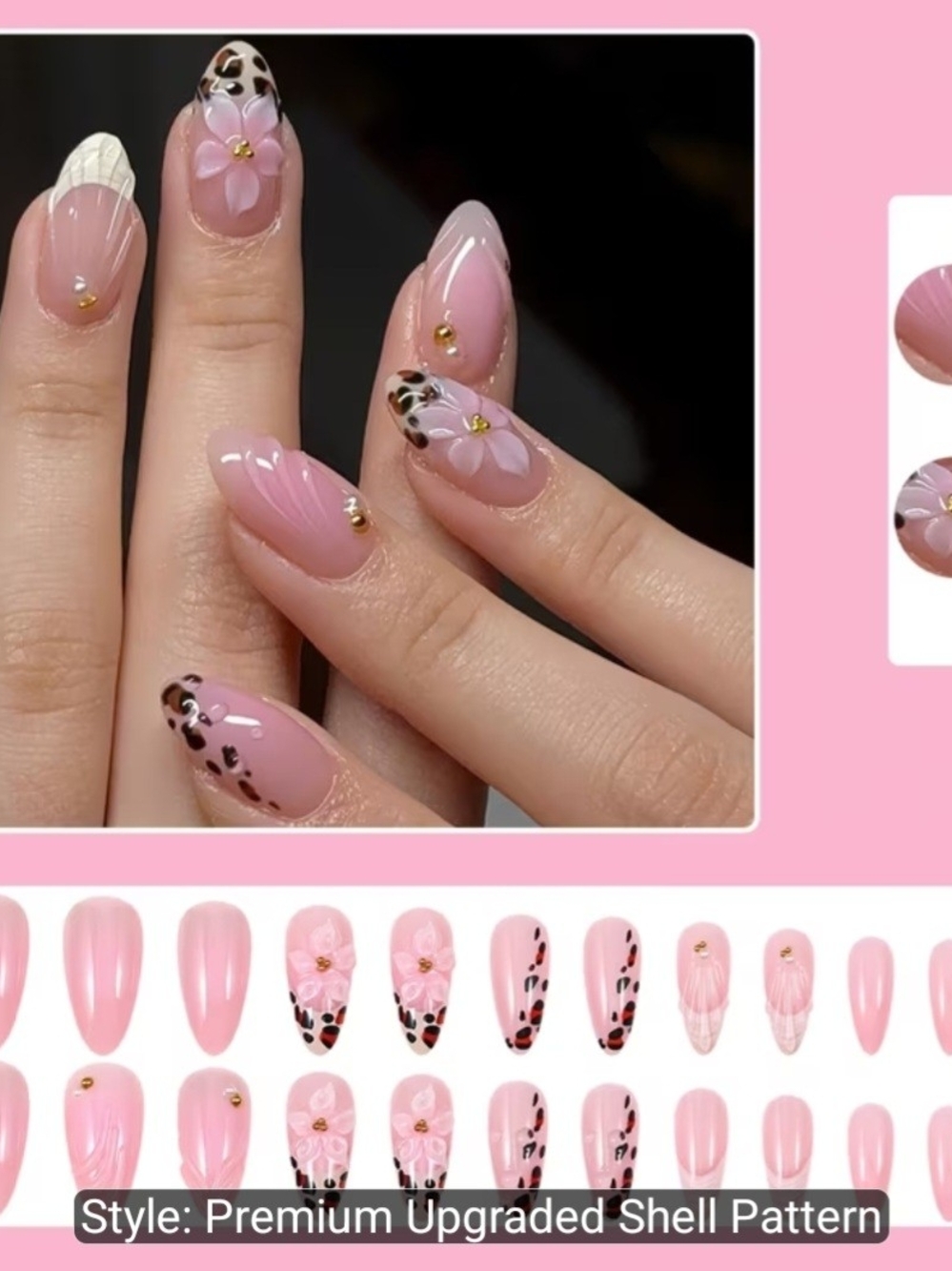 Pink Floral Leopard Accent Press-On Nails - Women Makeup - Picture 2 of 5